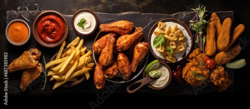 Assorted appetizers featuring onion rings and chicken wings captured from above.