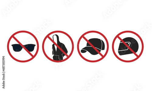 Bundle set of Isolated prohibition sign of do not wear hoodie, hoodies, helm and helmet, cap, heat and sunglasses wear prohibited for indoor security sign, ATM, Bank, Store