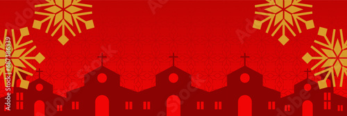 Red Christmas background, with snow ornaments and church silhouette. vector template for banner, poster, social media, Christian holiday greeting card. photo