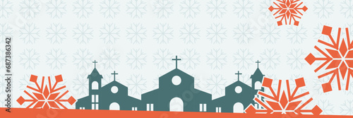 Blue Christmas background, with snow ornaments and church silhouette. vector template for banner, poster, social media, Christian holiday greeting card.