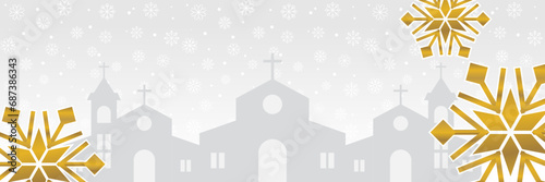 Gray Christmas background, with golden snow ornaments and church silhouette. vector template for banner, poster, social media, Christian holiday greeting card.
