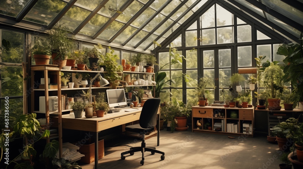 Workplace in glasshouse surrounded with green leafy potted plants. Remote office in cozy atmosphere