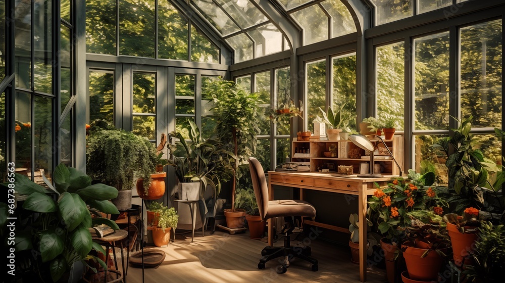 Workplace in glasshouse surrounded with green leafy potted plants. Remote office in cozy atmosphere