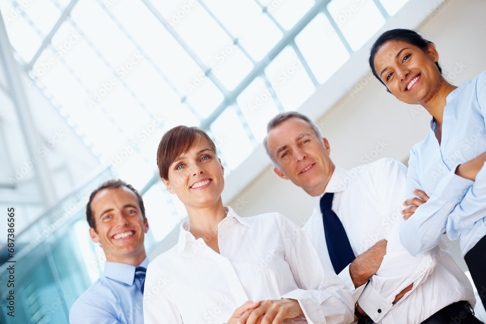 Portrait, collaboration and business people with teamwork, cooperation and mentor with coaching, corporate training and professional. Face, group and manager with employees, smile and partnership Portrait, collaboration and business people with teamwork, cooperation and mentor with coaching, corporate training and professional. Face, group and manager with employees, smile and partnership