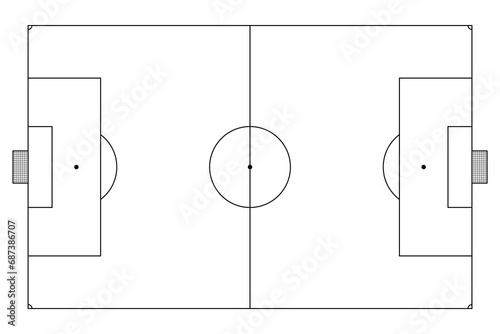 Football pitch. Soccer field line style. Black outline court and stadium on white background. Football match, league scheme. Graphic icon for sport area, game and training. Arena Design. Vector photo