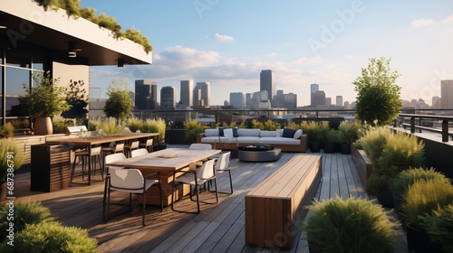 Eco-friendly office and home with furniture on rooftop garden. Concept for corporate buildings