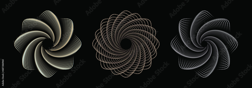 Set of editable spiral line flowing from the center outwards and vice versa. abstract geometric circular round shapes isolated on black background. Set of editable spiral line flowing from the center outwards and vice versa. abstract geometric circular round shapes isolated on black background.