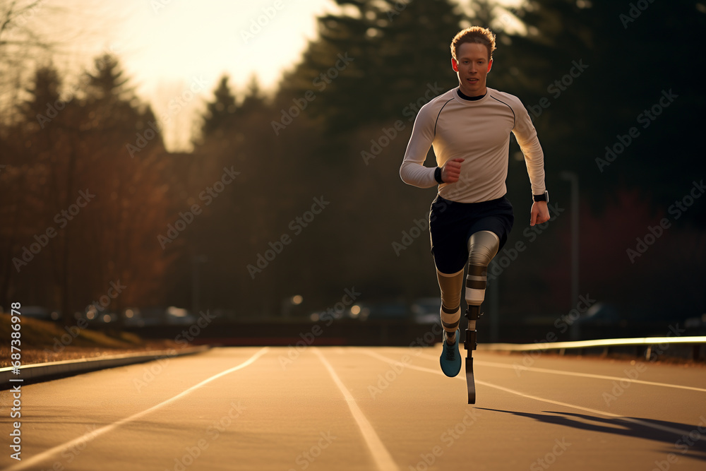 Young male with prosthetic legs running on track in park, Exercise concept, Generative Ai.