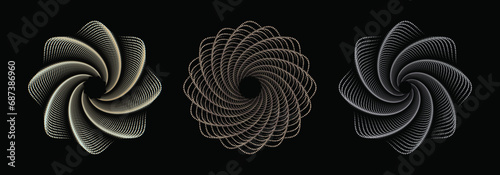 Set of editable spiral line flowing from the center outwards and vice versa. abstract geometric circular round shapes isolated on black background.