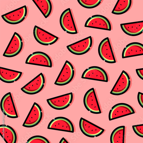 Cartoon watermelon seamless pattern, red texture with seeds. Tropic summer fruit slices and pieces. Watermelon green stripe print vector. Illustration of watermelon seamless sweet