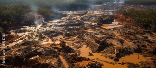 Bird's-eye perspective of gold mining area in Amazon forest, Para state, Brazil. photo