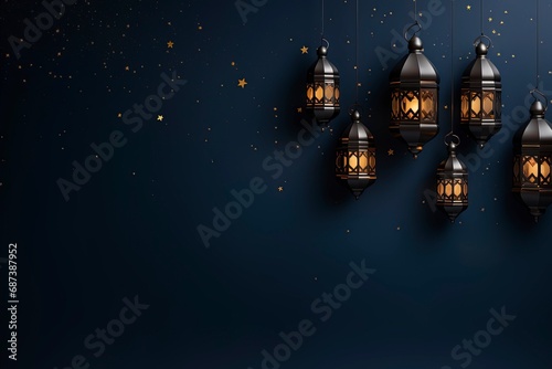 eid al fitr greeting with lanterns on dark blue background with generative ai © MUdaylah