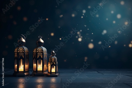 eid al fitr greeting with lanterns on dark blue background with generative ai