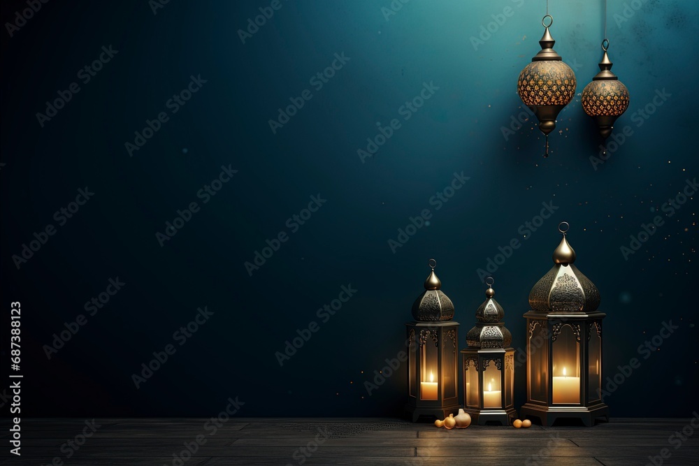 eid al fitr greeting with lanterns on dark blue background with generative ai