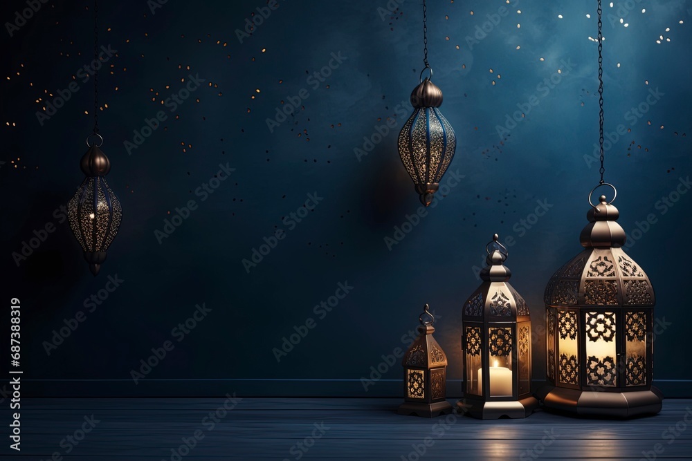 eid al fitr greeting with lanterns on dark blue background with generative ai eid al fitr greeting with lanterns on dark blue background with generative ai