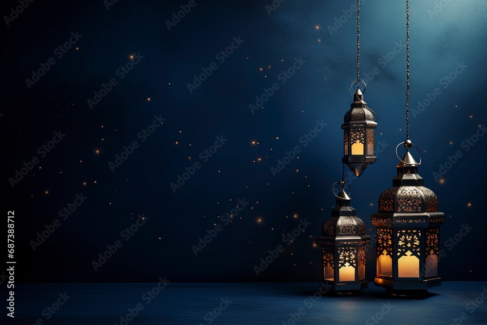 eid al fitr greeting with lanterns on dark blue background with generative ai eid al fitr greeting with lanterns on dark blue background with generative ai