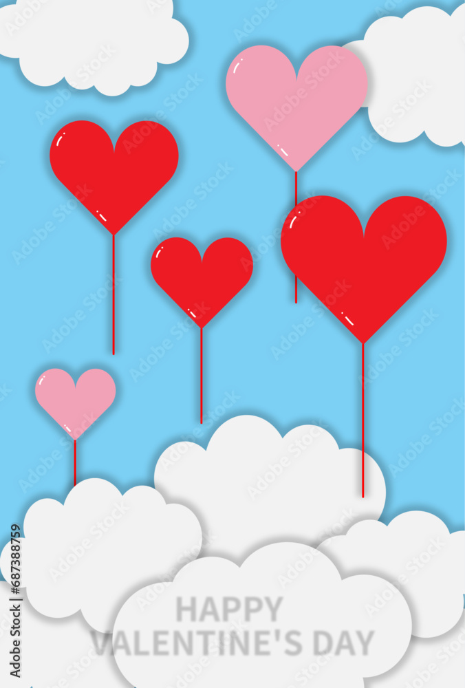 ハート型バルーンと雲のバレンタインデーのポストカード