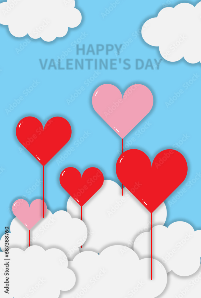 ハート型バルーンと雲のバレンタインデーのポストカード