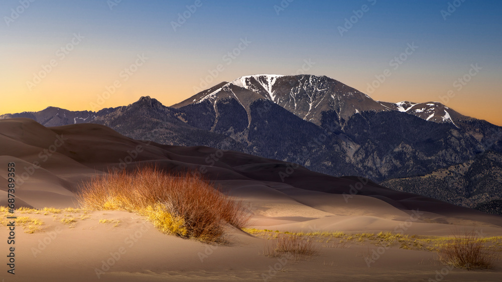 Sand Dunes in the Rocky Mountains of Colorado in the Spring. There is lots of sand. This is a popular National Park tourist attraction.  