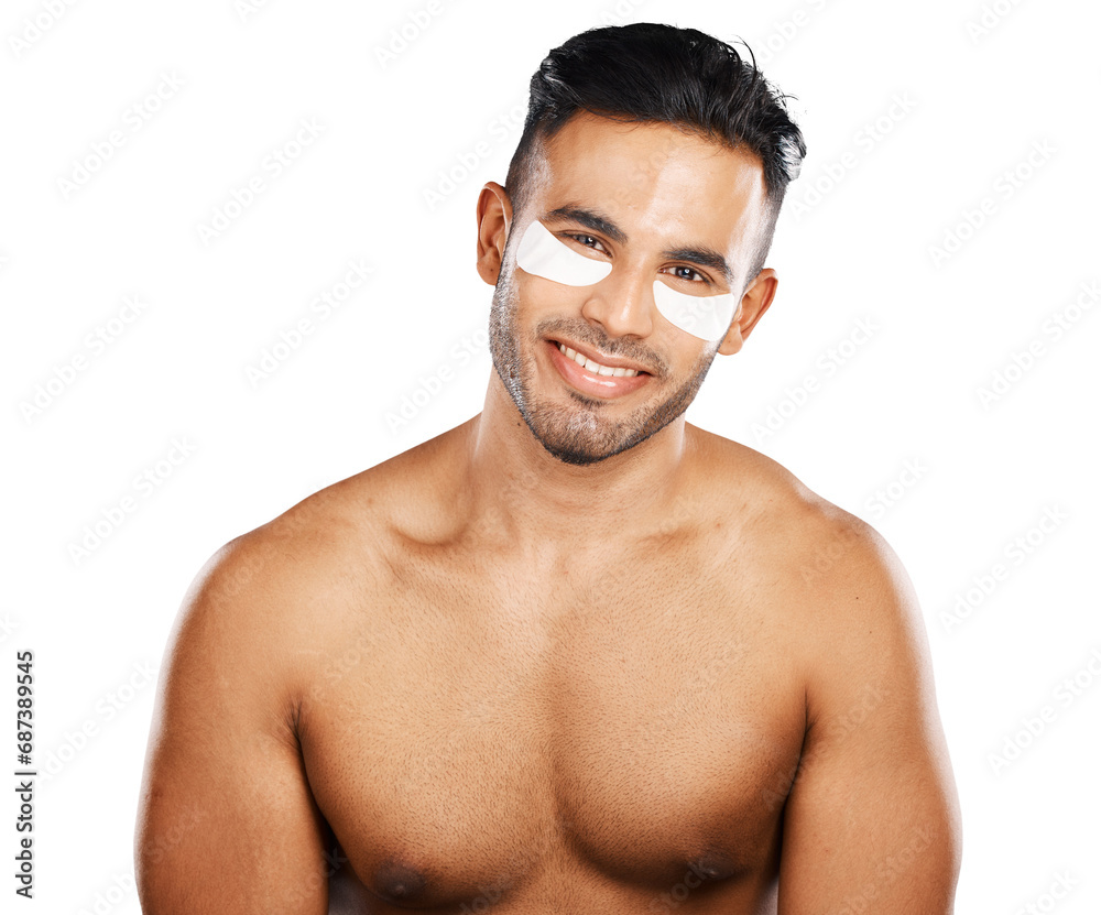Fototapeta premium Man, happy or skincare portrait with eye mask for grooming or relax with cosmetic as facial treatment. Beauty, face and smile with confident, body wellness and isolated on transparent png background