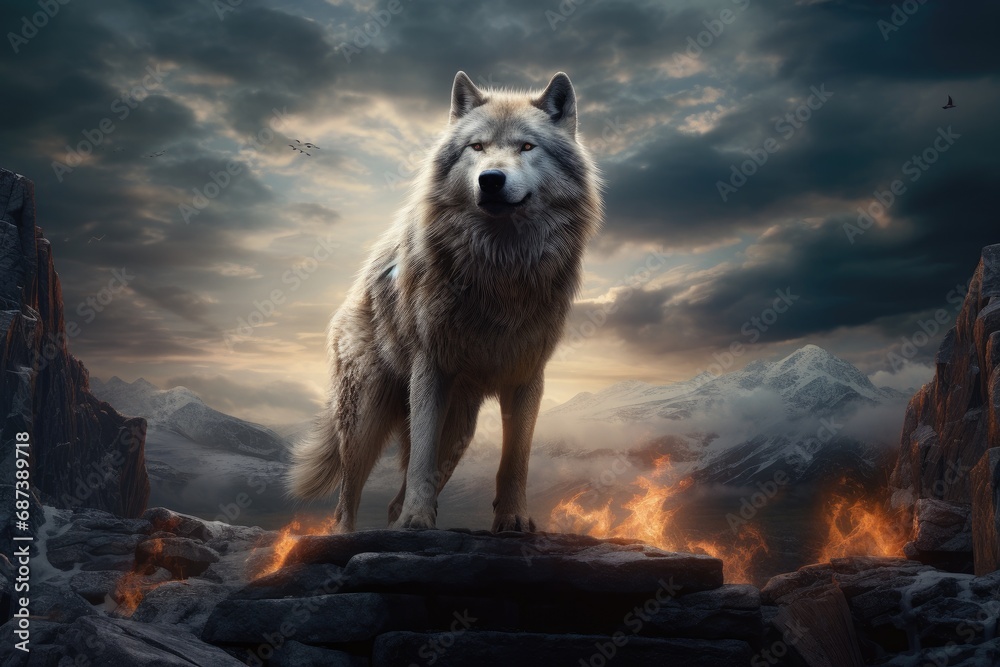 Wolf in the mountains against the background of the evening sky. 3d rendering, wolf standing rock front full moon magic realism matte painting wat dangerous powerful creature, AI Generated - obrazy, fototapety, plakaty 