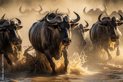Wildebeest Connochaetes taurinus running in water, South Africa, Wildebeests are crossing Mara river. Great Migration. Kenya. Tanzania. Maasai Mara National Park, AI Generated photo