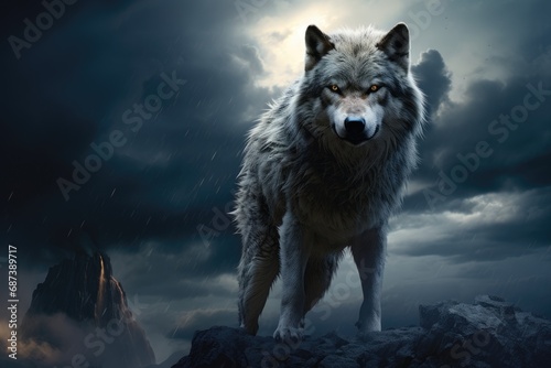 Grey wolf standing on the edge of a cliff with stormy sky  wolf standing rock front full moon magic realism matte painting wat dangerous powerful creature  AI Generated