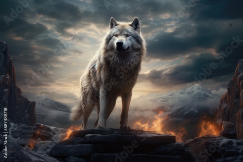 Wolf in the mountains against the background of the evening sky. 3d rendering, wolf standing rock front full moon magic realism matte painting wat dangerous powerful creature, AI Generated photo