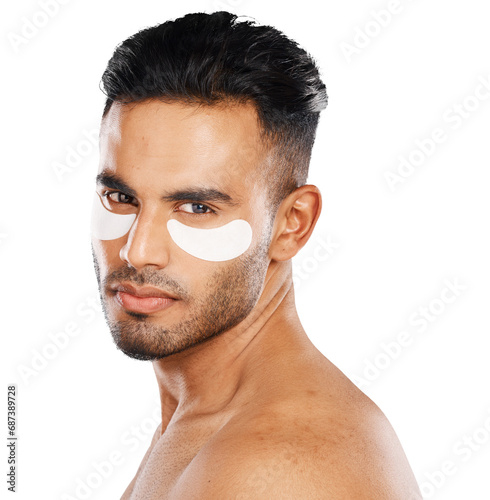 Portrait man and eye for patch with wellness in skincare with treatment of dark circles. Mexican person, serious expression and result with hyaluronic acid on isolated or transparent png background photo