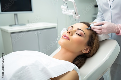 Beautiful woman at the procedure in the clinic of aesthetic medicine, Woman in cabinet with eyes closed during procedure made by dentist and assistant, AI Generated