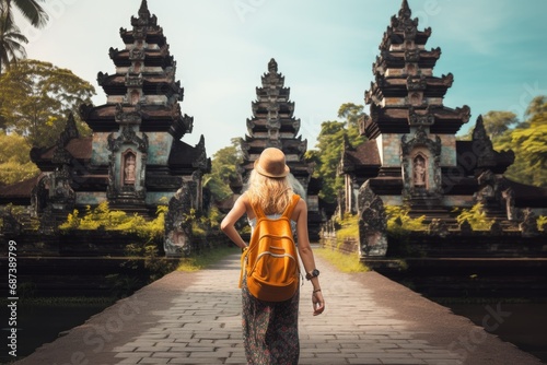 Young woman tourist with backpack standing at Pura Besakih temple in Bali, Indonesia, Tourist woman with backpack at vacation walking through the Hindu temple in Bali in Indonesia, AI Generated