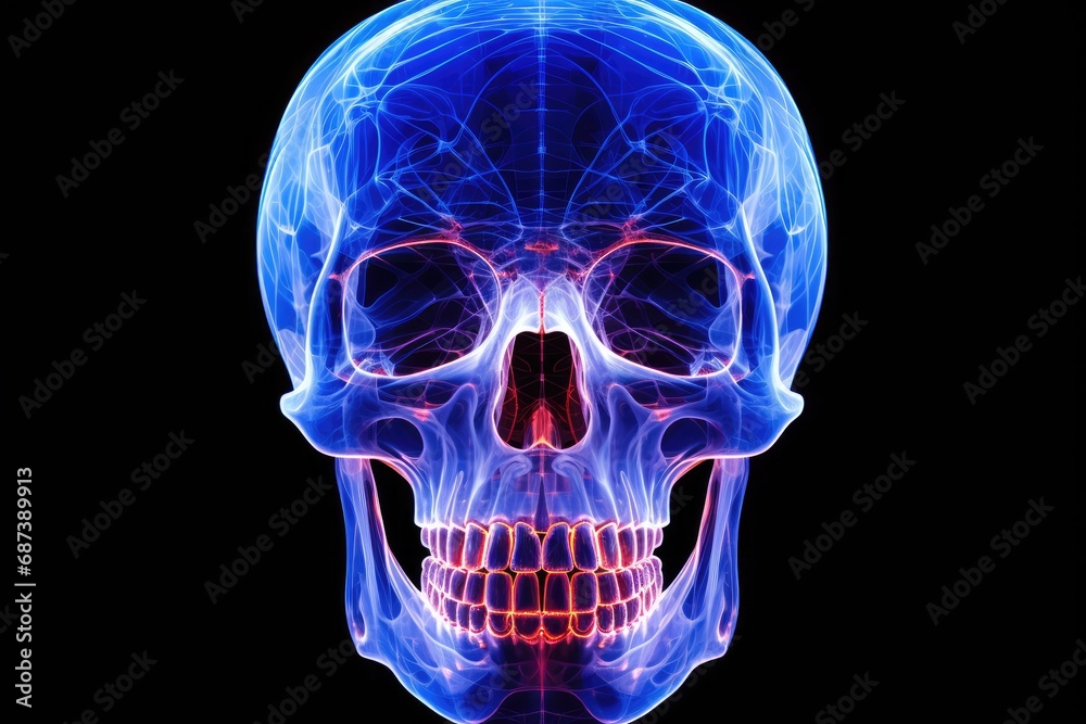 Human skull in x-ray image. Isolated on black background, xray image of a human skull, AI Generated Human skull in x-ray image. Isolated on black background, xray image of a human skull, AI Generated