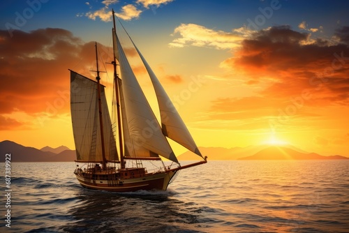 Sailing boat on the sea at sunset. Dramatic sky, Yacht cruising at sunset, AI Generated