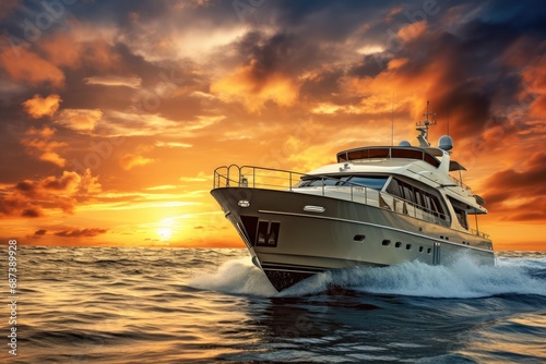 Luxury yacht in the sea at sunset. 3d render, Yacht cruising at sunset, AI Generated
