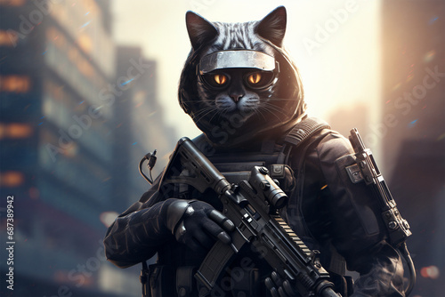 illustration of a cat becoming an armed police officer