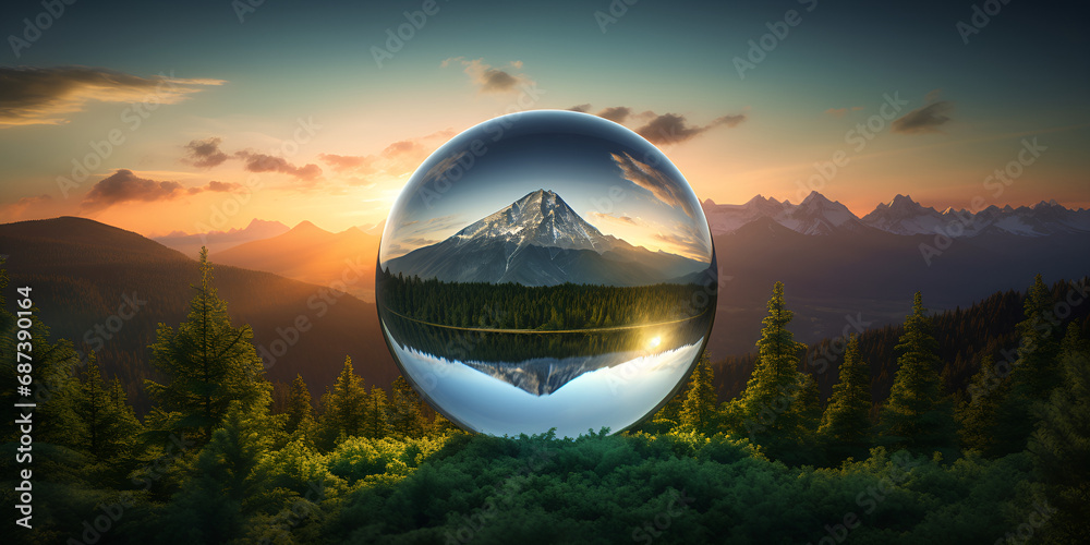  Abstract mountains and forest landscape in a bubble reflected in a lake Dreamscape Crystal Ball Sunset  background A Crystal Ball with Abstract Mountains and Forest AI Generative  
