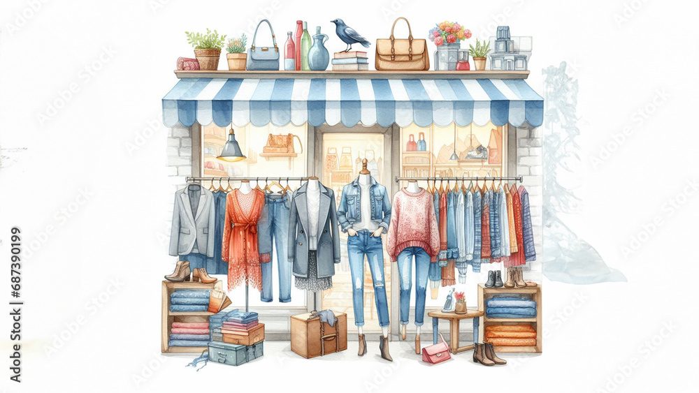 Watercolor shop, clothing store on white background