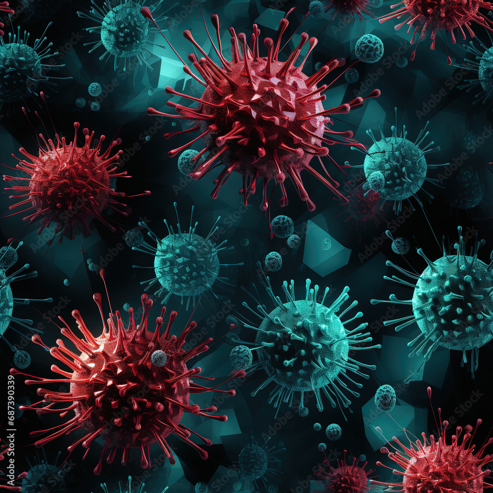 Fototapeta premium Virus particles under microscope repeat pattern, healthcare, epidemic, quarantine, pandemic, illness