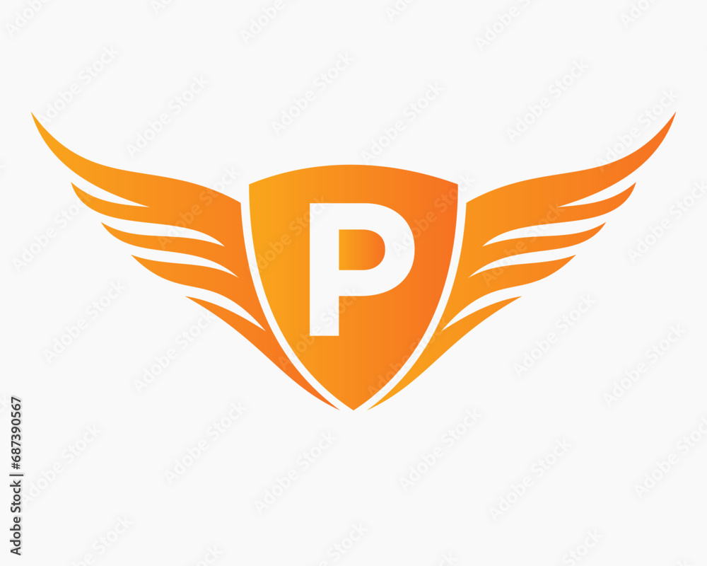 Naklejka premium Wing Logo On Letter P, Transportation Symbol, Transport Sign