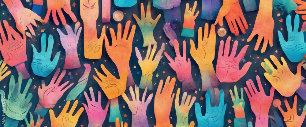 This photo is a representation of diversity and inclusion. It shows a variety of hands in different colors and sizes reaching up towards the sky. This could be interpreted as a symbol of unity.