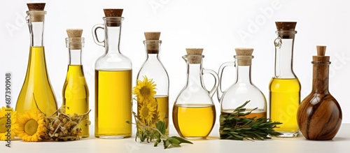 Isolated collection set of bottles and decanters with olive and sunflower oil on white background. photo