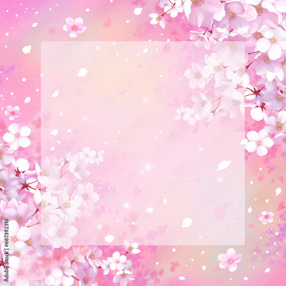 桜の背景素材　枠　桜吹雪　お花見　入学　卒業　入園　卒園　入社　ひな祭り　雛祭り　正方形