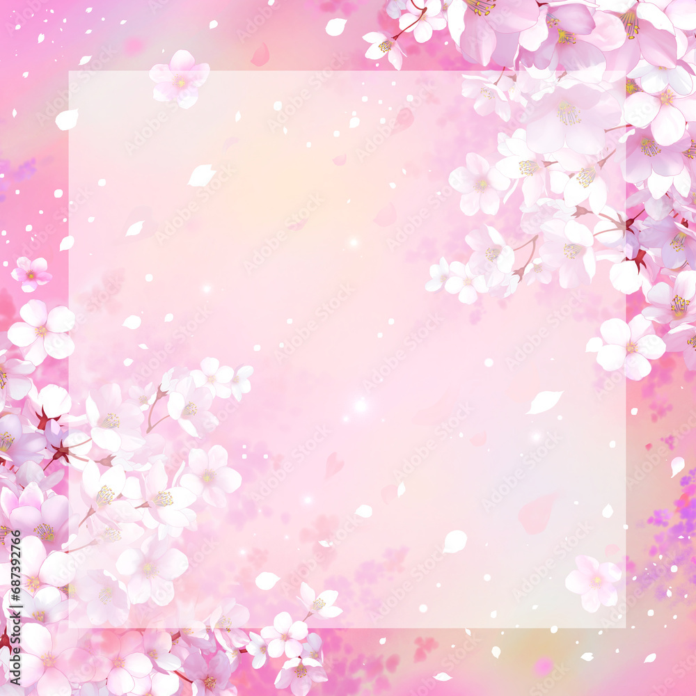 桜の背景素材　枠　桜吹雪　お花見　入学　卒業　入園　卒園　入社　ひな祭り　雛祭り　正方形