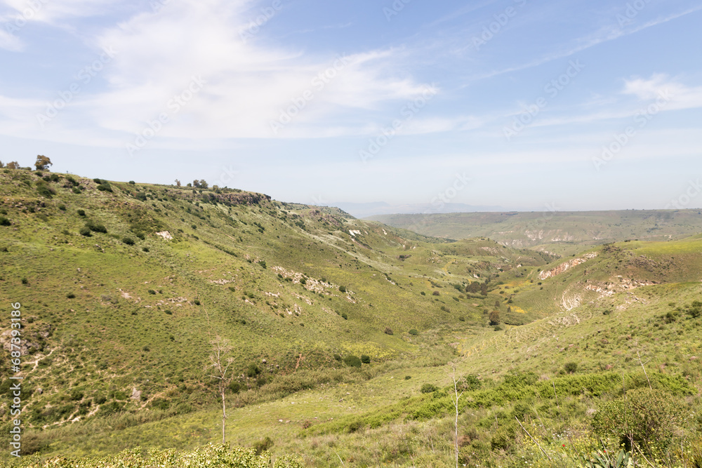 Green  valley between hills in the El Al National Nature Reserve located in the northern Galilee in the North of Israel
