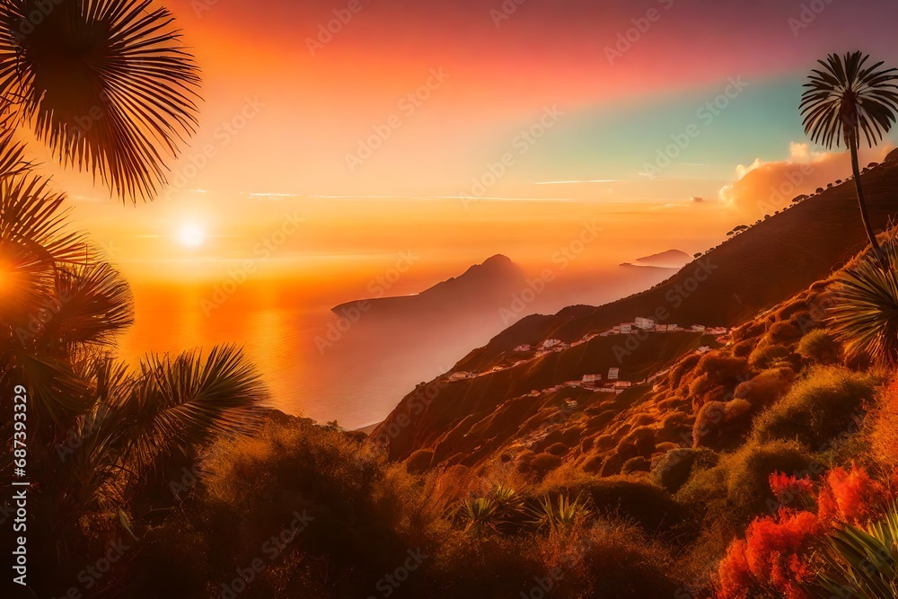 Naklejka premium A dreamy scene of Madeira Island during sunset, warm hues painting the sky, the island's silhouette against the colorful backdrop, a feeling of tranquility and serenity