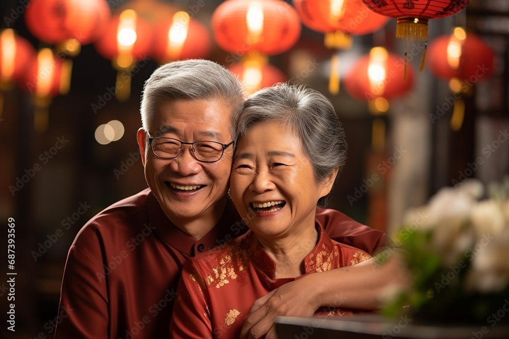 Happy asian senior couple celebrate chinese new year . AI Generate