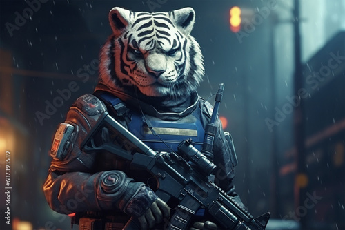 Armed tiger police in advanced city photo