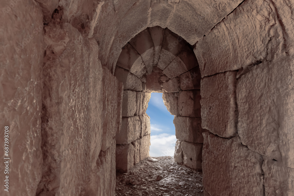 Loophole  in the northern tower in the medieval fortress of Nimrod - Qalaat al-Subeiba, located near the border with Syria and Lebanon on the Golan Heights, in northern Israel