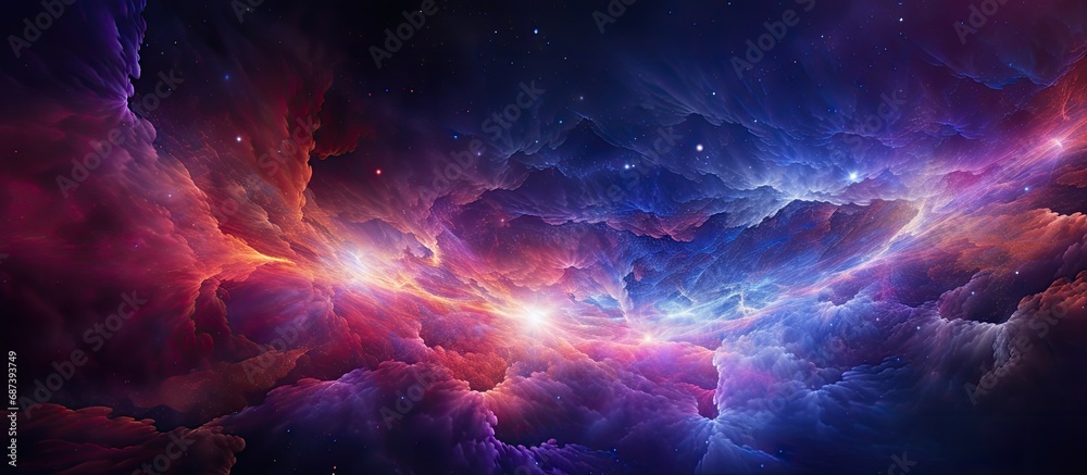 This 3D rendering incorporates cosmic elements like galaxies, stars, and outer space, depicted with heavenly light and neon colors.