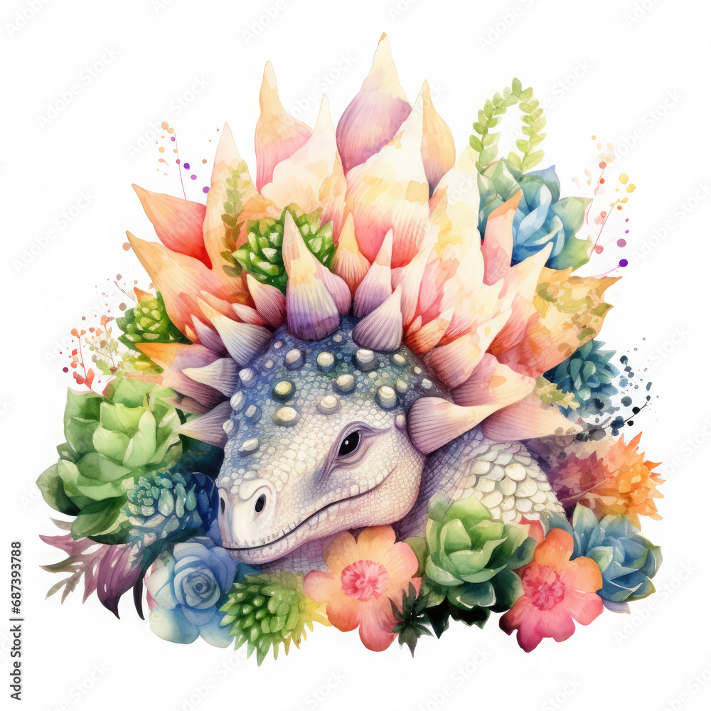 Stegosaurus and flower Illustration, Generative Ai Stegosaurus and flower Illustration, Generative Ai